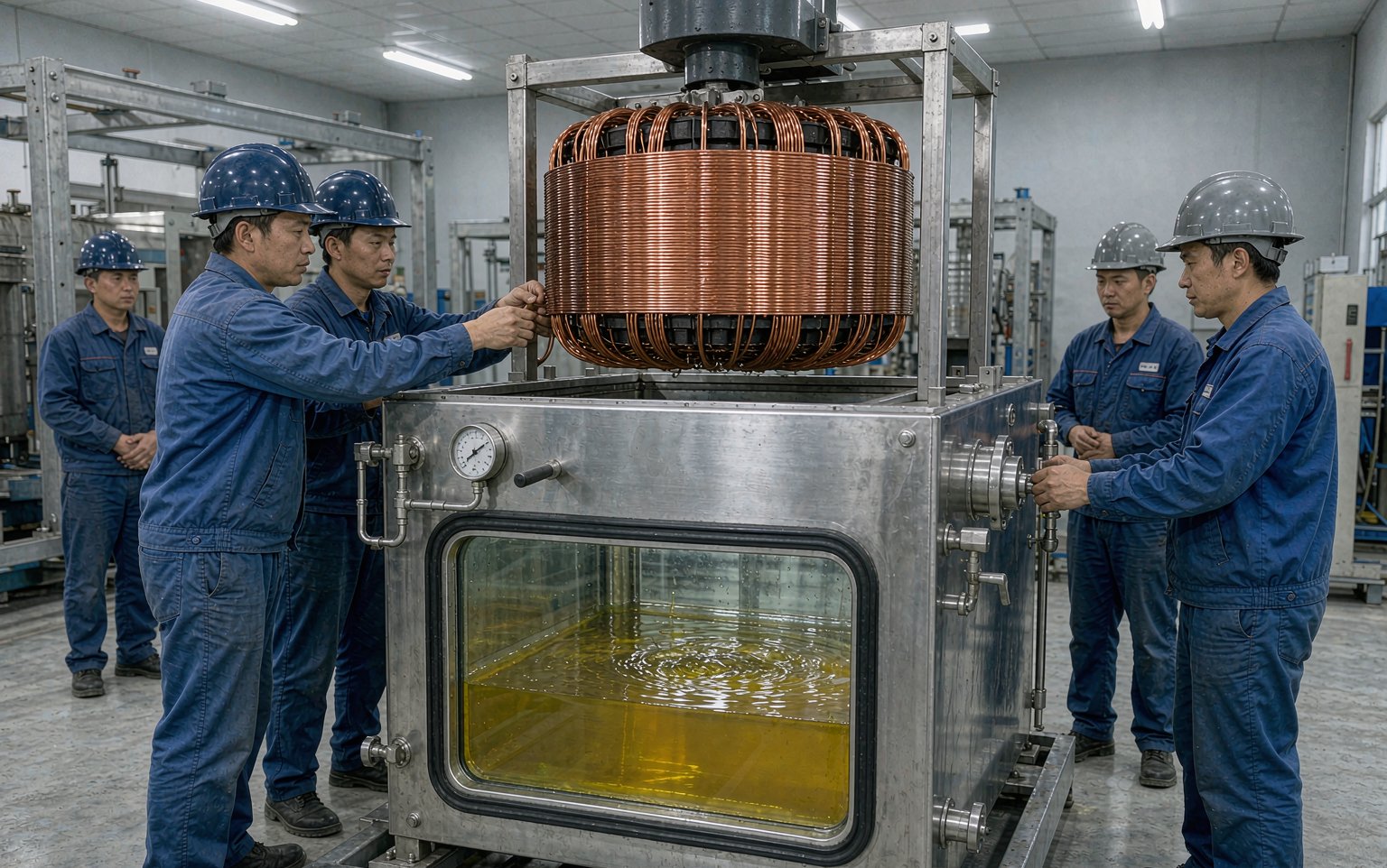 干式变压器线圈真空压力浸漆(VPI)车间:环氧绝缘漆压入绕组缝隙